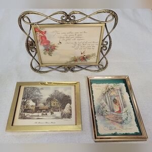Lot Vintage Gold Brass Frames With Vtg Holiday Greeting Cards
